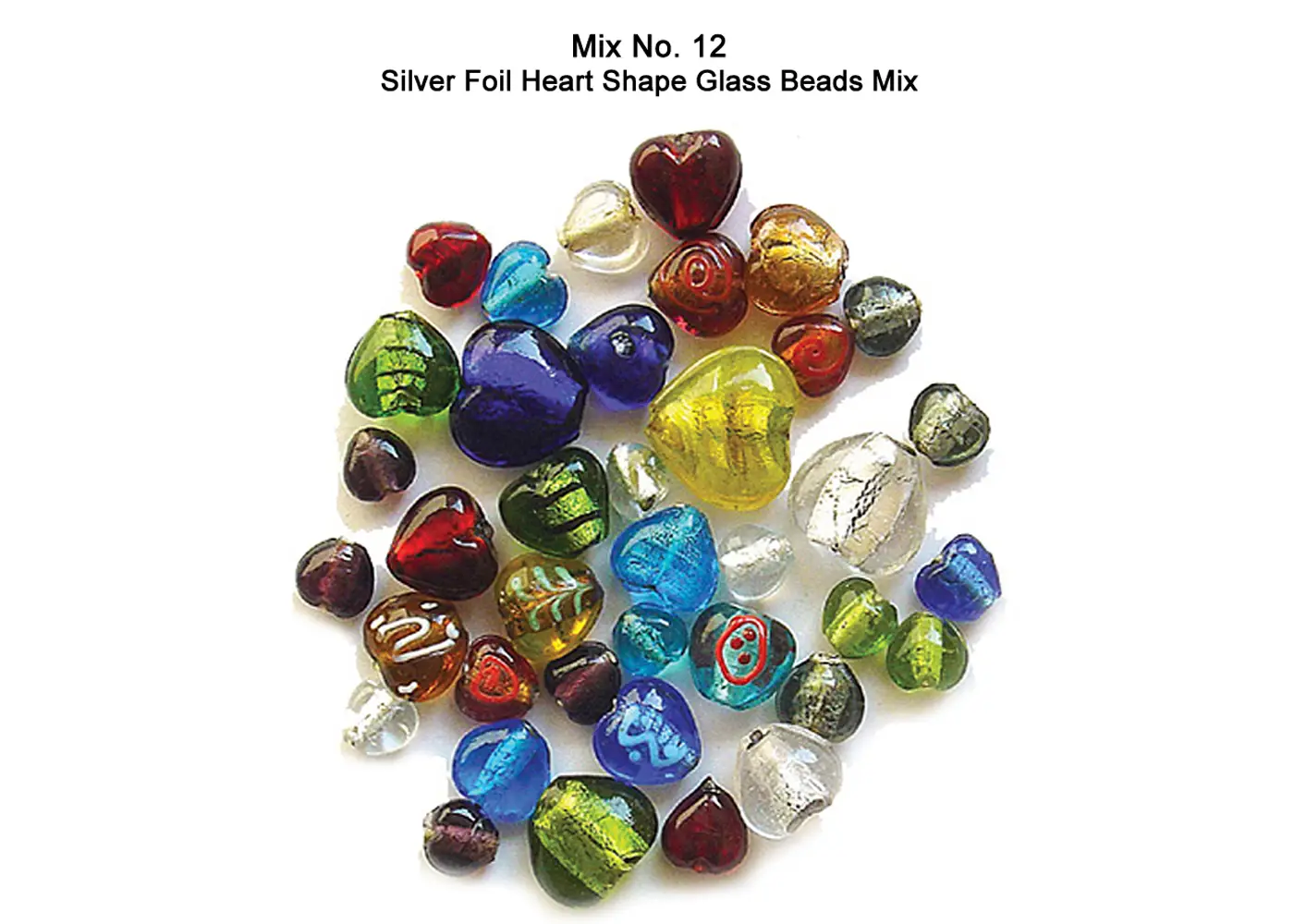 Silver Foil Heart Shape Glass Beads Mix